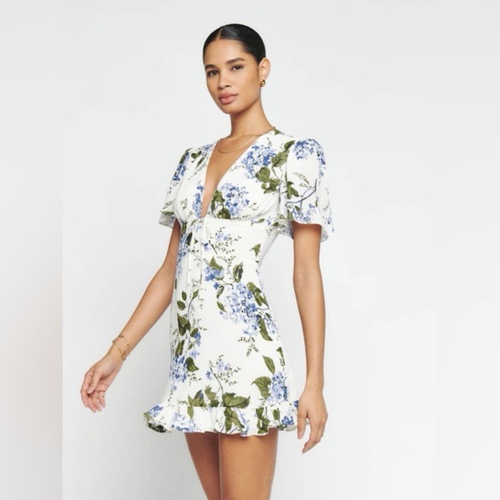 Reformation Mya Cream Floral Mini Dress with Blue and Green Print